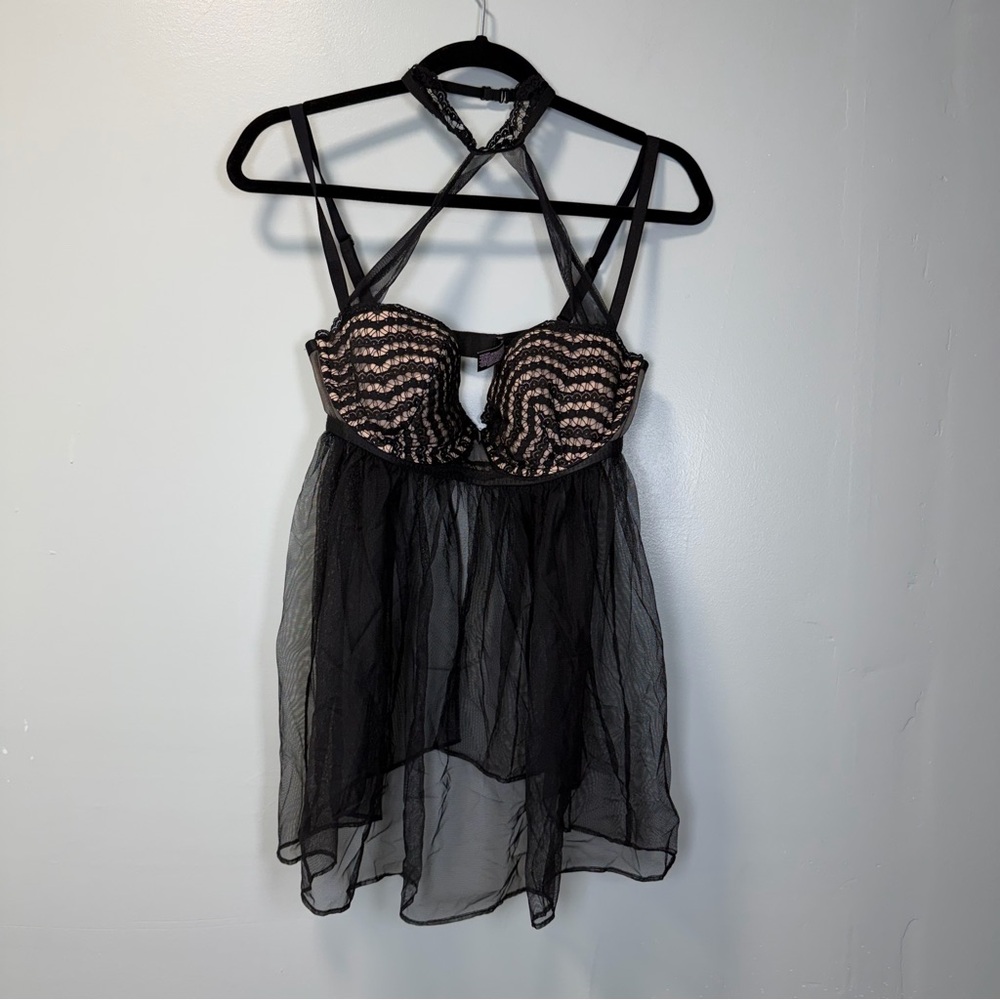 Victoria's Secret Sexy Nightie Women 36D Black Nude Striped Lace Babydoll Halter